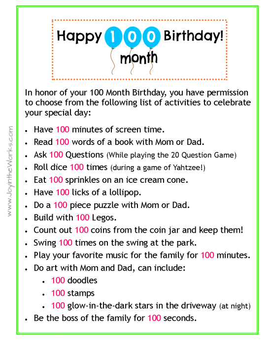Celebrate your child's 100 Month Birthday with these fun activities