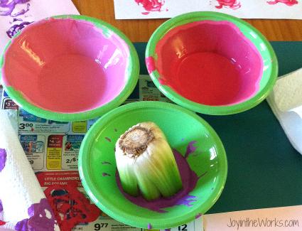 Using celery for flower prints using Valentine colors