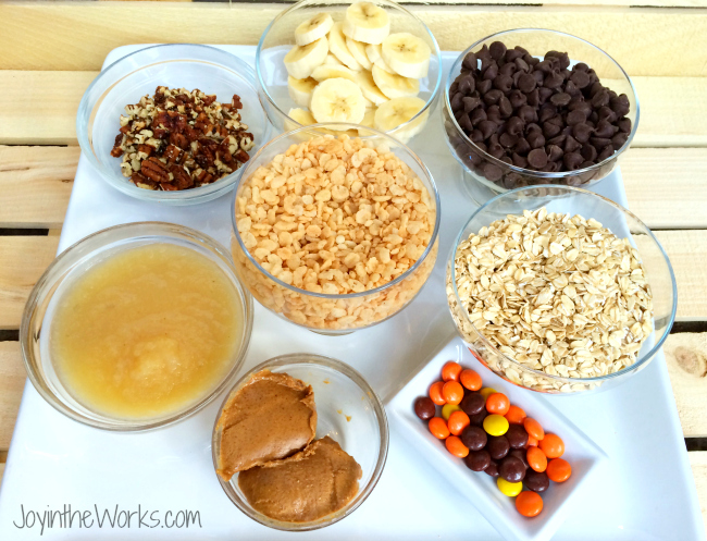 We used a variety of mix ins for our cookie wars- basically anything we had around the house! We had chopped pecans, bananas, chocolate chips, apple sauce, rice krispie cereal, oatmeal, peanut butter and Reese's Pieces