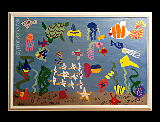 A class art project involving an underwater ocean scene! Let each child paint their favorite fish or sea creature as a part of an ocean canvas! What a great group work of art!