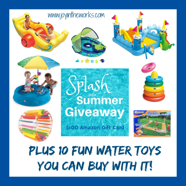 Summer is upon us and we are celebrating with a Splash into Summer Giveaway for a $100 Amazon gift card! Plus here are 10 fun water toys to spend it on!