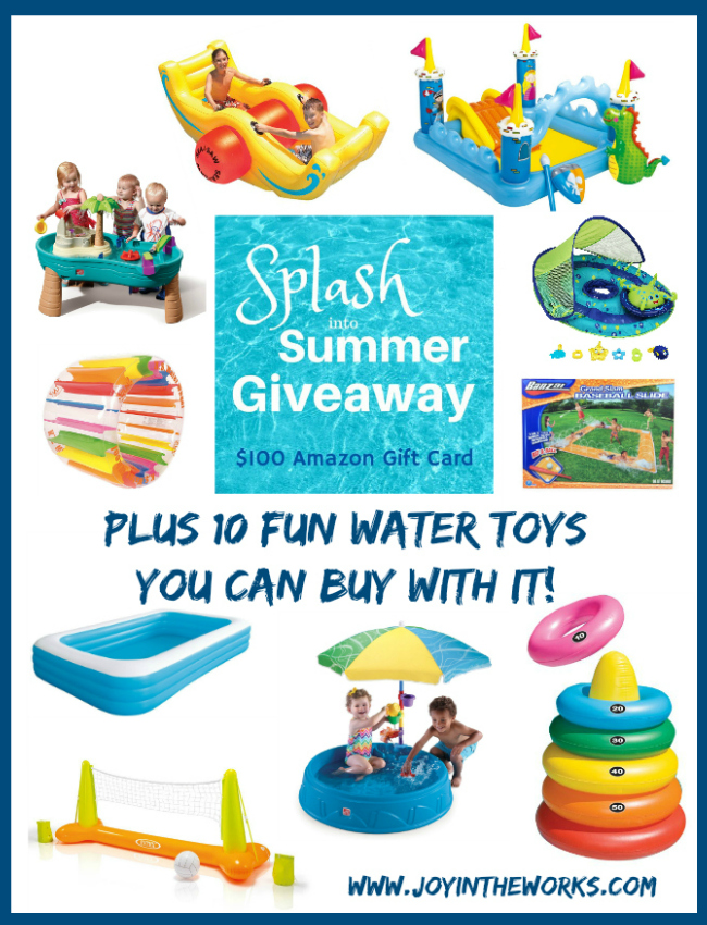 Summer is upon us and we are celebrating with a Splash into Summer Giveaway for a $100 Amazon gift card! Plus here are 10 fun water toys to spend it on!