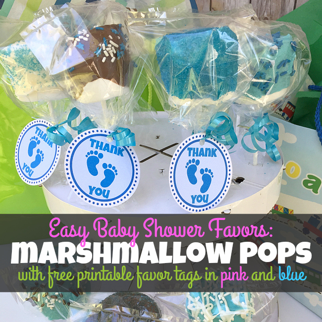 Make these easy baby shower favors- marshmallow pops with free printable favor gift tags in both pink and blue. Plus some parenting tips from "been there done that" moms. #ad #superabsorbent