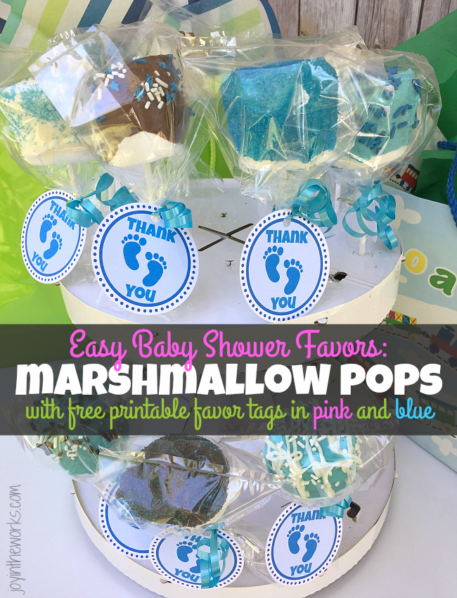 Make these easy baby shower favors- marshmallow pops with free printable favor gift tags in both pink and blue. Plus some parenting tips from "been there done that" moms. #ad #superabsorbent