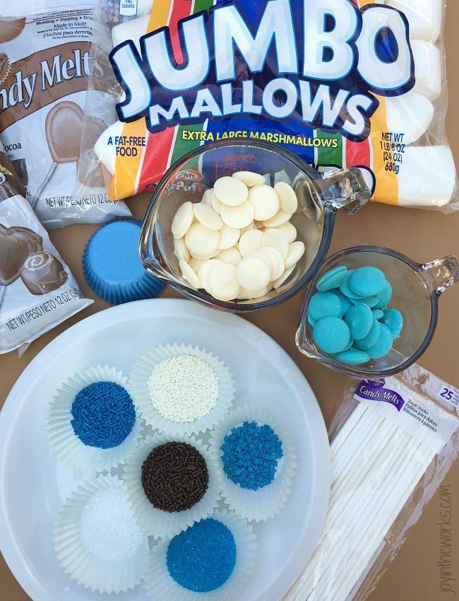 Marshmallow Pop Supplies: Jumbo marshmallows, candy melts or chocolate, sprinkles and lollipop sticks