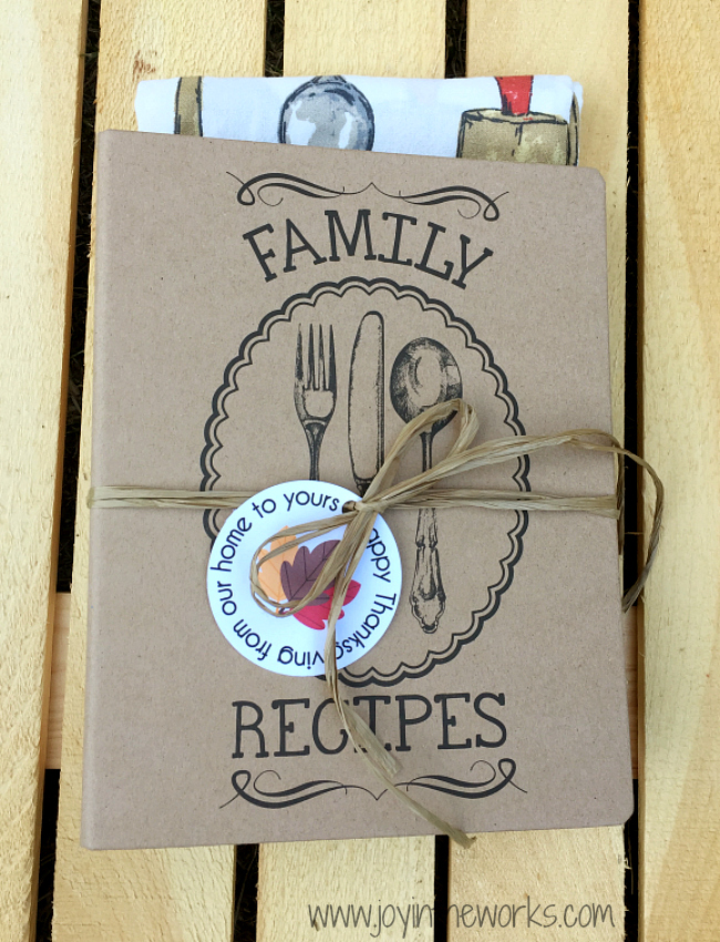 Simple hostess gift idea for Thanksgiving: a family recipe book or box with a dishtowel