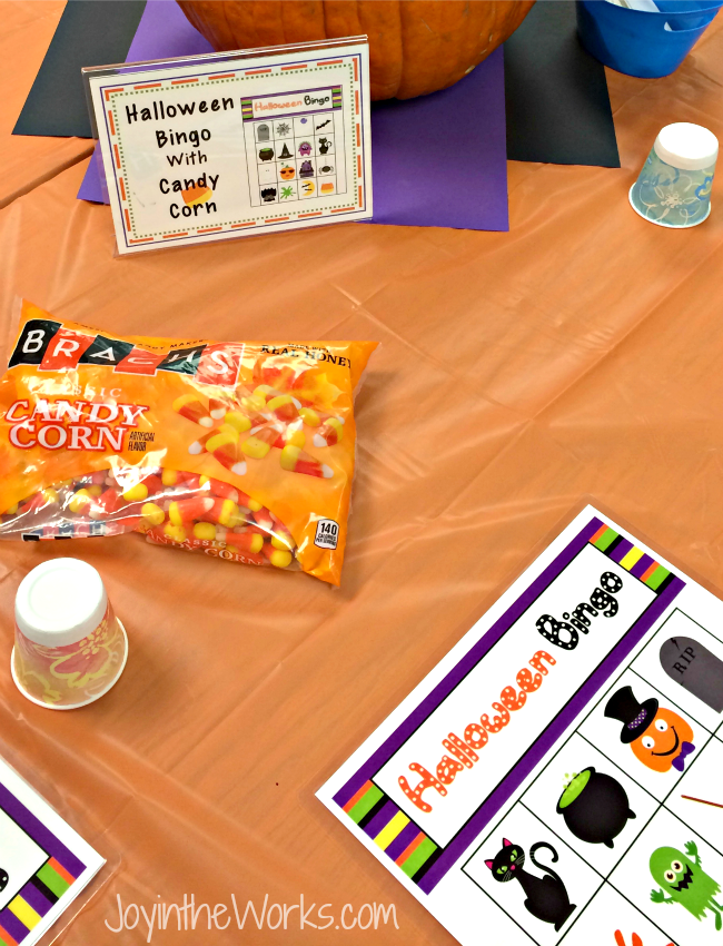 Halloween Bingo game with candy corn markers