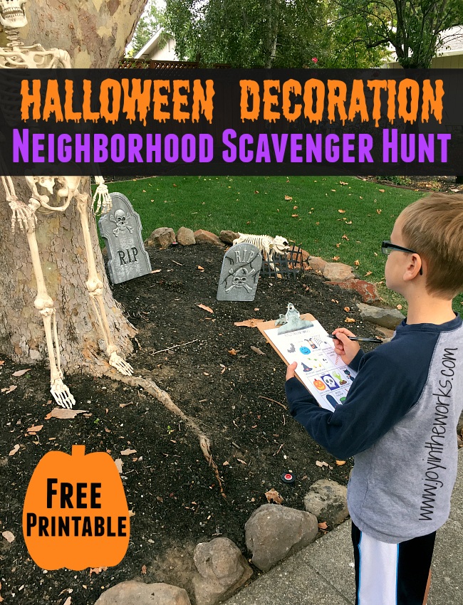 Looking for a fun family activity before Halloween? Check out this free printable Halloween decoration neighborhood scavenger hunt! At night or during the day, your kids can find skeletons, cauldrons and Halloween lights!