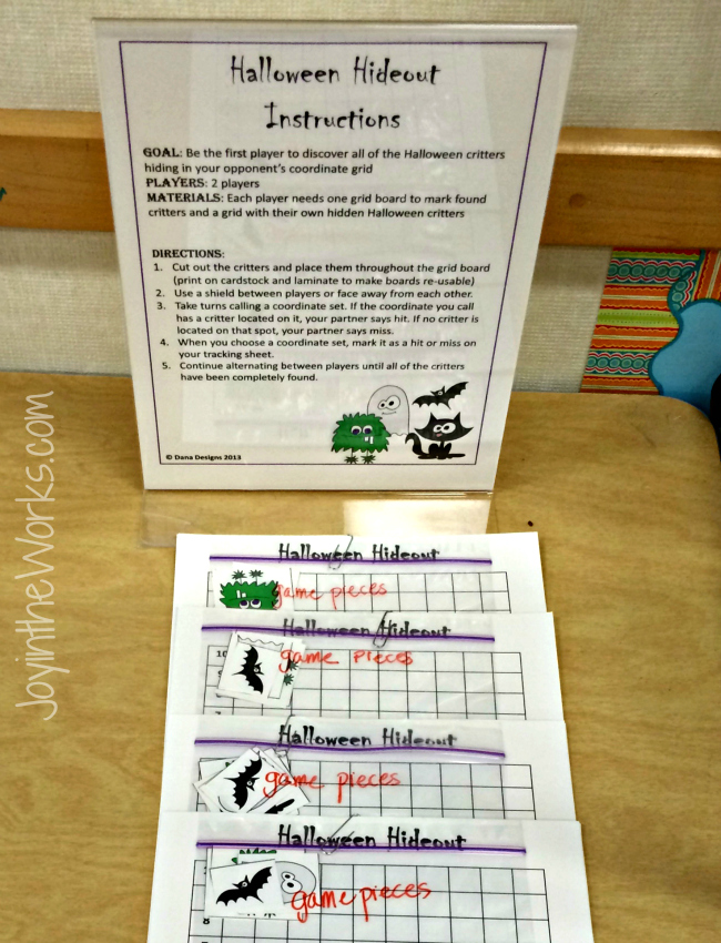 "Halloween Hideout" A Halloween version of battleship that's perfect for a class party for older students