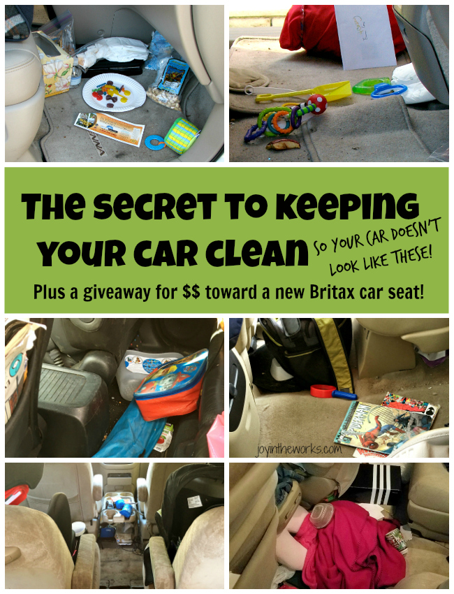 Struggle with a messy car? I discovered a secret that has completely changed things- and my kids still eat in the car! Plus you can see some of the best messy mom cars around AND win money toward a new Britax car seat! #Giveaway