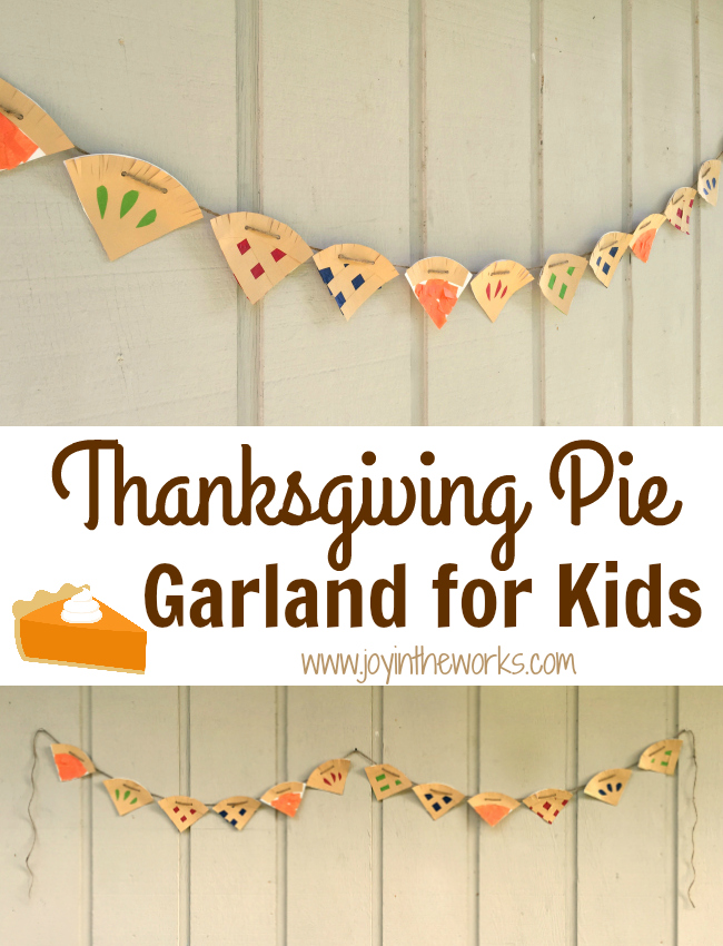 Forget hand traced turkeys, how about decorating with this Thanksgiving Pie Garland for Kids? It is so easy to make out of paper plates and the kids will love getting ready for their favorite dessert!