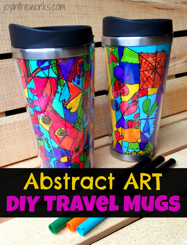 An Abstract Art Travel Mug is a perfect gift for kids to make and give to grandparents and teachers! Works great as a class gift for the teacher and includes detailed instructions on how to get the best results from the class.