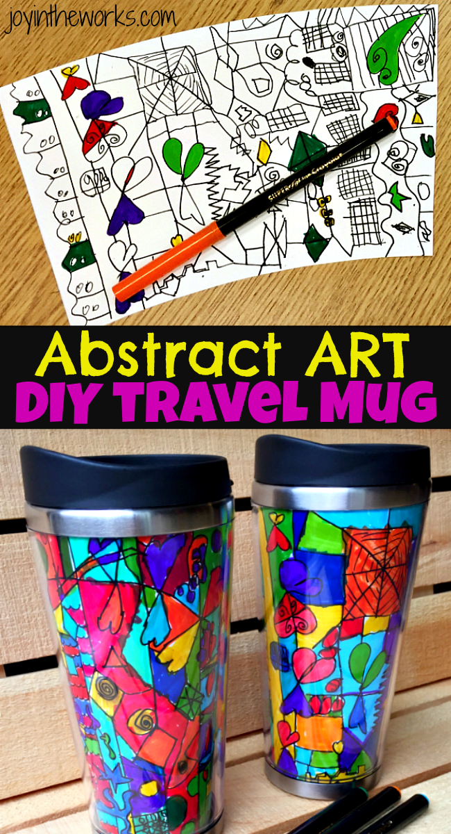 An Abstract Art Travel Mug is a perfect gift for kids to make and give to grandparents and teachers! Works great as a class gift for the teacher and includes detailed instructions on how to get the best results from the class.