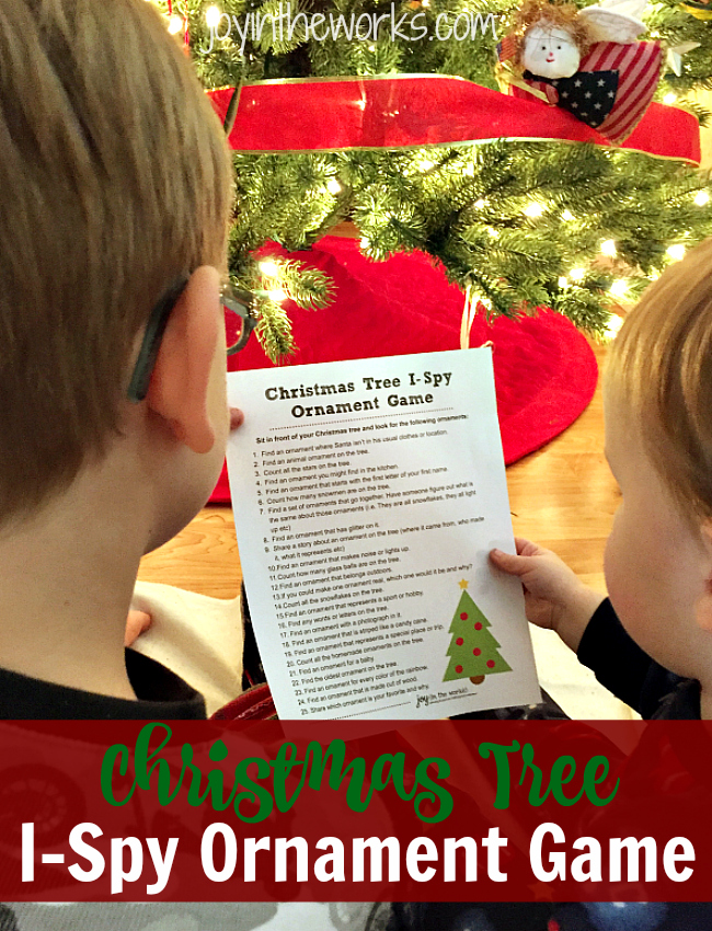 The Christmas Tree I-Spy Ornament Game is a fun family game that encourages everyone to slow down and notice the beauty of the season, especially the decorations, the Christmas tree and the ornaments!