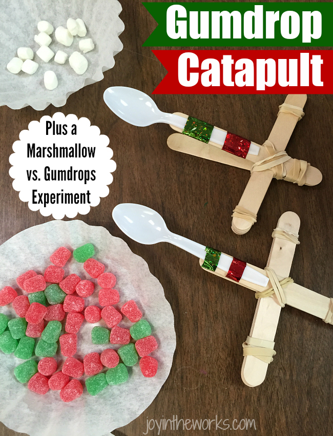 Fun #ChristmasSTEM Experiment: Make a gumdrop catapult and compare to mini marshmallows to see which one goes the farthest! #STEM