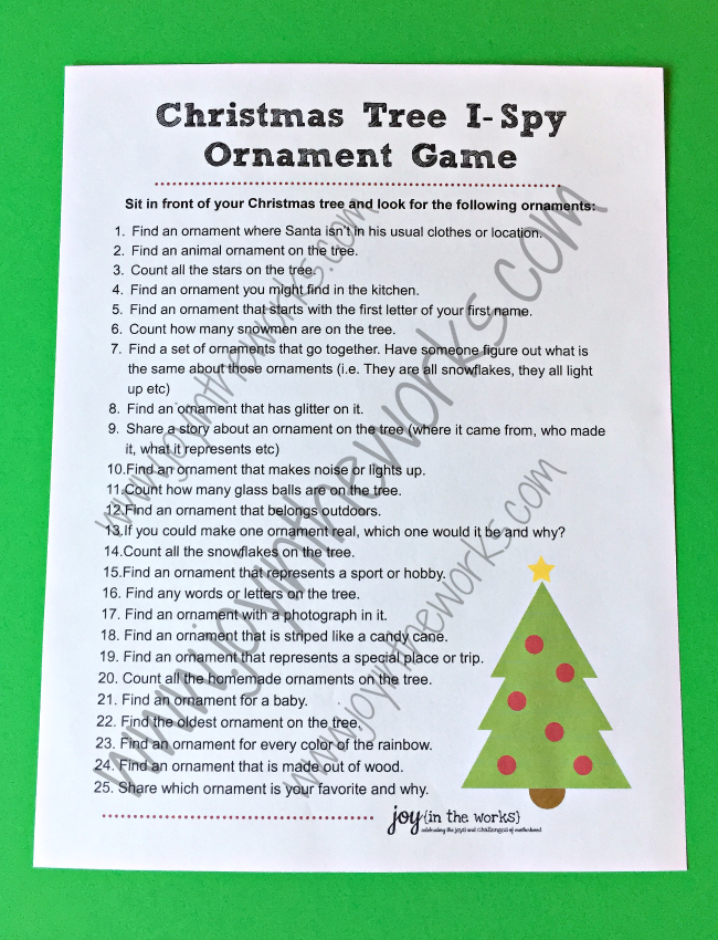 The Christmas Tree I-Spy Ornament Game is a fun family game that encourages everyone to slow down and notice the beauty of the season, especially the decorations, the Christmas tree and the ornaments