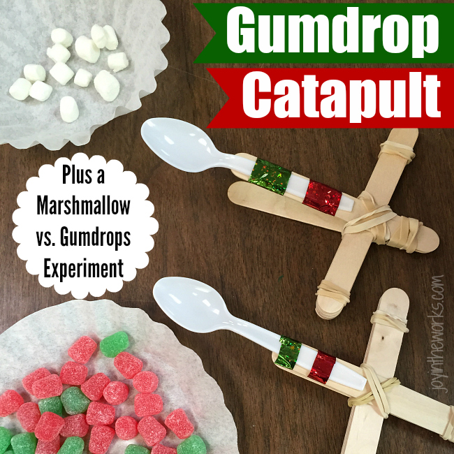 Fun #ChristmasSTEM Experiment: Make a gumdrop catapult and compare to mini marshmallows to see which one goes the farthest! #STEM