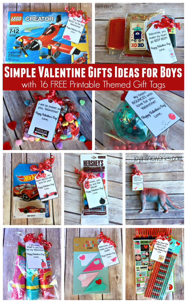 Need a simple Valentine gift idea for boys? It can be done! Check out these 16 different themed Valentine gift ideas that are perfect for a small token of your affection for your sons or grandsons (and lots that girls will like too!). Plus I am offering 16 FREE printable gift tags to go with them!