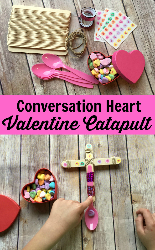 Looking for a fun activity for a Class Valentine's Day Party? Check out this Valentine's Day Conversation Heart Catapult. It's a super easy #STEM activity for home or at school! Plus you can compare conversation hearts and other candy and eat the leftovers! =)
