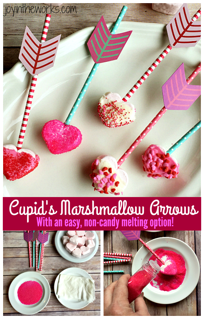 Easy Valentine treat: Cupid's Marshmallow Arrows with dipped and coated heart marshmallows on an arrow straw!