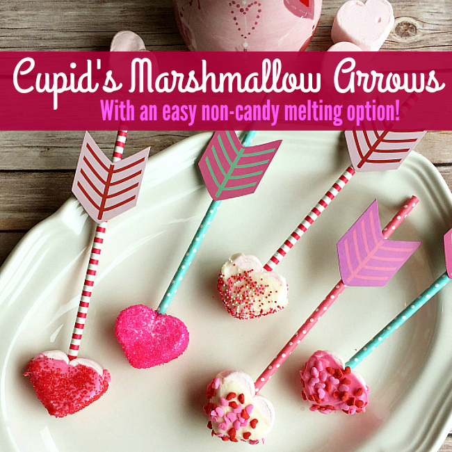 Easy Valentine treat: Cupid's Marshmallow Arrows with dipped and coated heart marshmallows on an arrow straw!