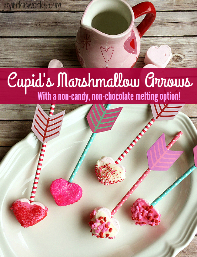 Easy Valentine treat: Cupid's Marshmallow Arrows with dipped and coated heart marshmallows on an arrow straw!