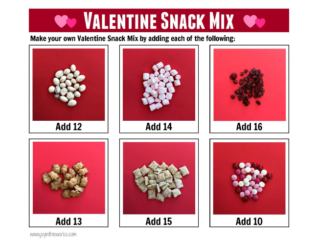 Add an educational element to your Valentine's Day Snack Mix. The kids can create their own Valentine's Day snack, while reinforcing counting and math skills.