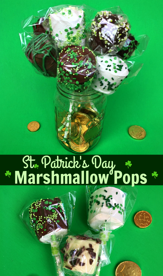 Easy DIY St. Patrick's Day Marshmallow Pops dipped in chocolate with festive green sprinkles