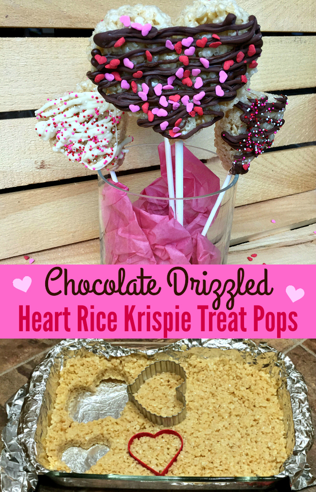 Chocolate Drizzled Heart Rice Krispie Treat Pops are so easy to make and are the perfect Valentine treat for the kids (and for the rest of us!!)!