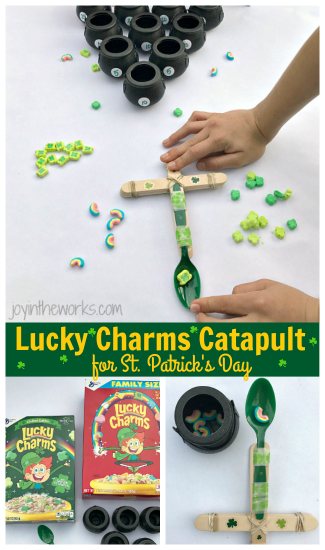 Make Lucky Charms Catapults, the perfect #STEM activity for St. Patrick's Day! Add in an extra level of fun with point values and pot of gold target practice!