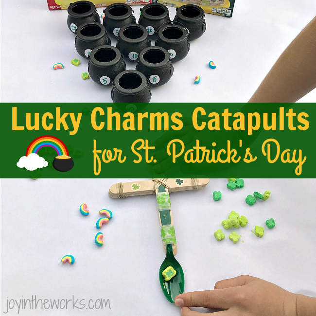 Make Lucky Charms Catapults, the perfect #STEM activity for St. Patrick's Day! Add in an extra level of fun with point values and pot of gold target practice!