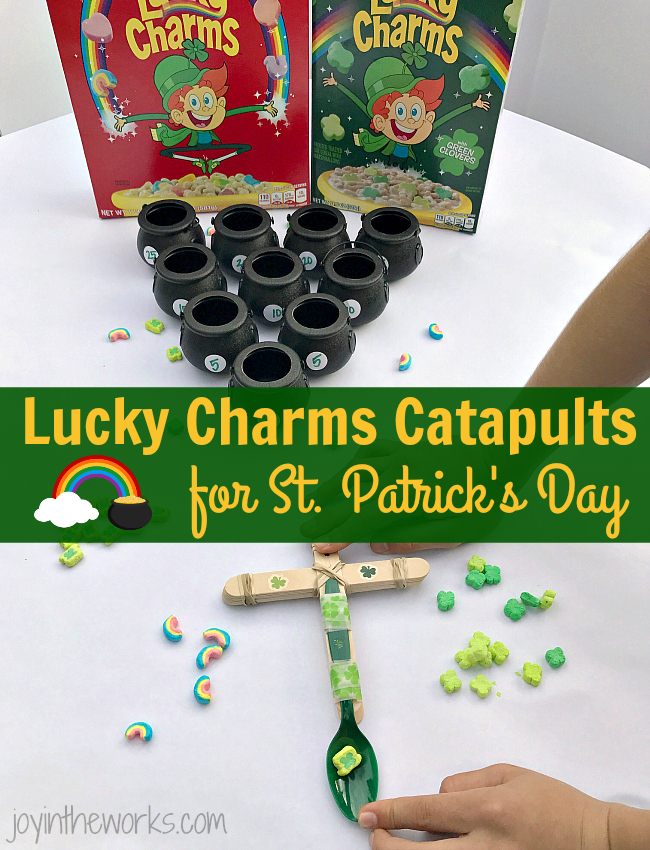 Make Lucky Charms Catapults, the perfect #STEM activity for St. Patrick's Day! Add in an extra level of fun with point values and pot of gold target practice!