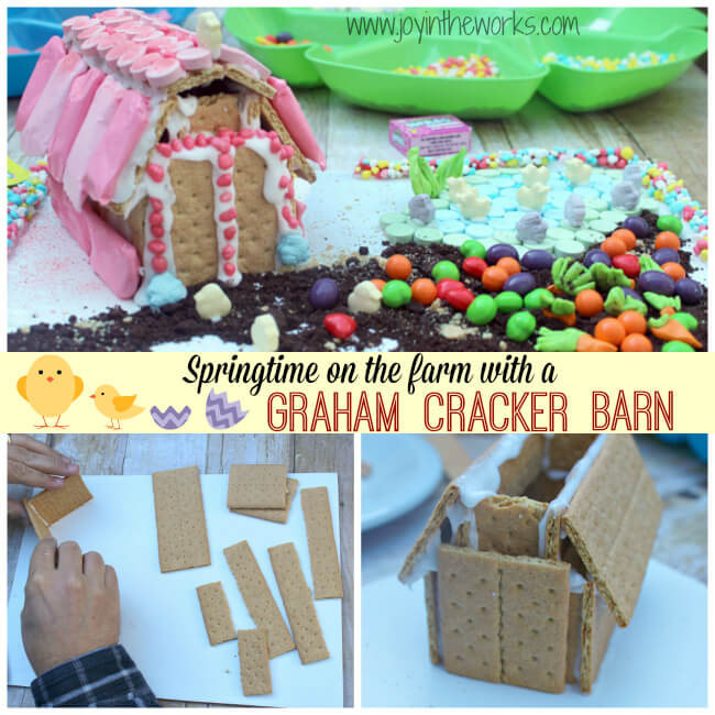 Looking for a fun spring activity with the family? How about making a candy graham cracker house like this Graham Cracker Barn on a springtime candy farm? Easy and more complicated options available #SpringItOn #NestleKitchen #CollectiveBias #ad