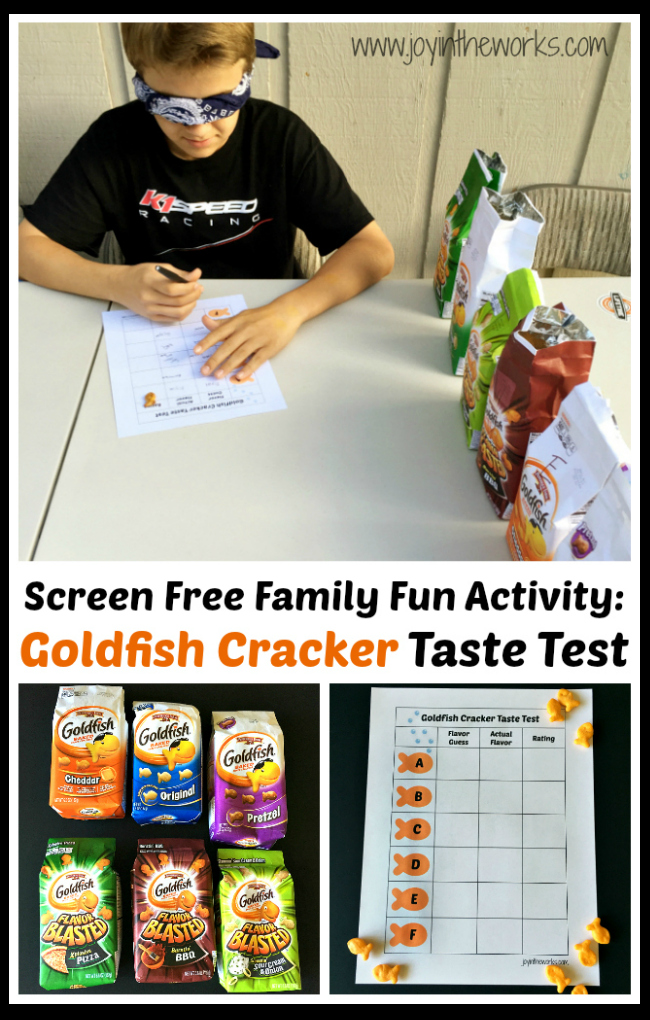 Looking for a screen free family fun activity? Check out this Goldfish Cracker Taste Test where the kids have to guess and rate the various goldfish cracker flavors!