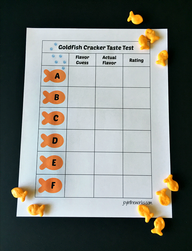 Looking for a screen free family fun activity? Check out this Goldfish Cracker Taste Test where the kids have to guess and rate the various goldfish cracker flavors!