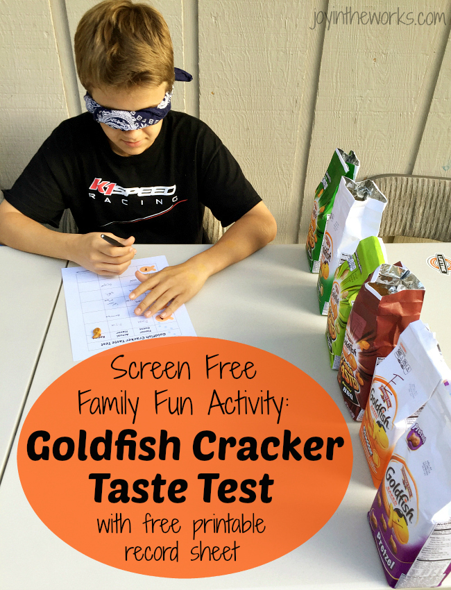 Looking for a screen free family fun activity? Check out this Goldfish Cracker Taste Test where the kids have to guess and rate the various goldfish cracker flavors!