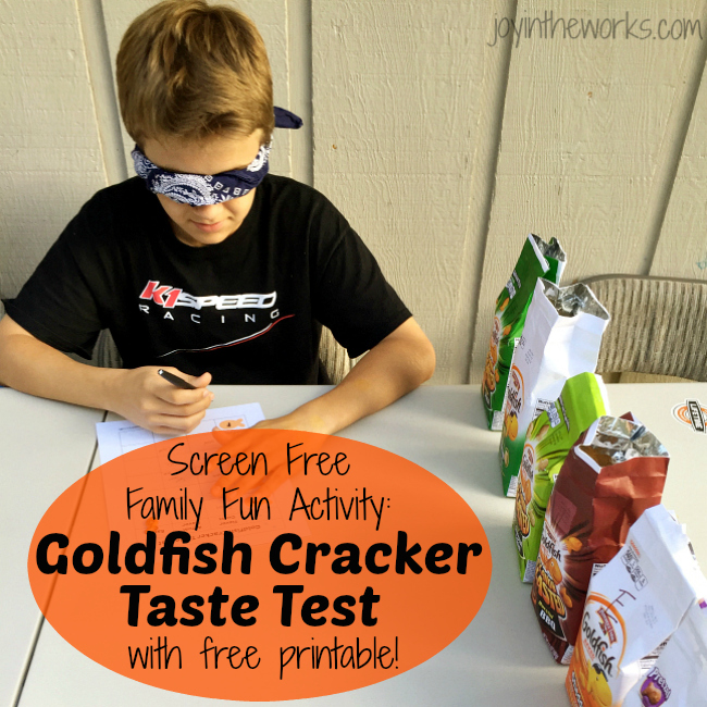 Looking for a screen free family fun activity? Check out this Goldfish Cracker Taste Test where the kids have to guess and rate the various goldfish cracker flavors!