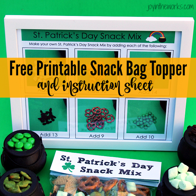 St. Patrick's Day Snack Mix with printable easy to follow instructions for the kids plus a free printable treat bag topper. Perfect for a St. Patrick's Day party or a simple celebration at home.