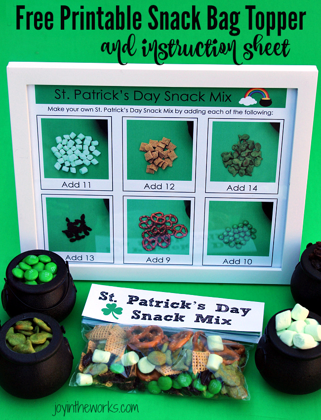 St. Patrick's Day Snack Mix with printable easy to follow instructions for the kids plus a free printable treat bag topper. Perfect for a St. Patrick's Day party or a simple celebration at home.