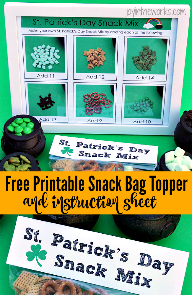 St. Patrick's Day Snack Mix with printable easy to follow instructions for the kids plus a free printable treat bag topper. Perfect for a St. Patrick's Day party or a simple celebration at home.