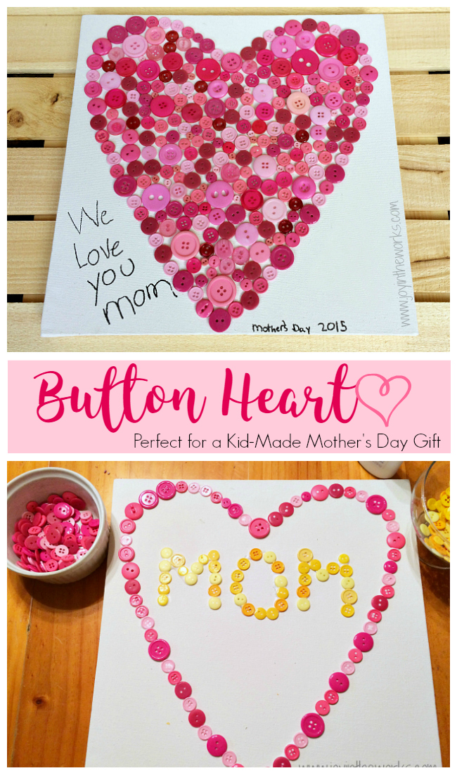 Looking for a kid made gift for Mother's Day or any other holiday? Check out this button heart that the kids made using buttons, glue and an art canvas