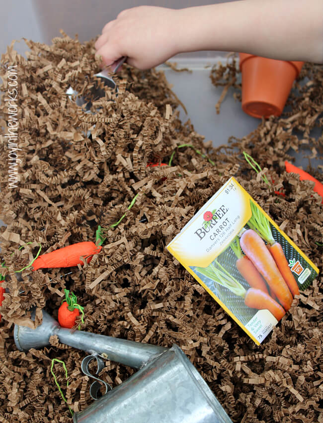 Spring is a great time to read The Carrot Seed and do some gardening dramatic play with this carrot sensory bin.