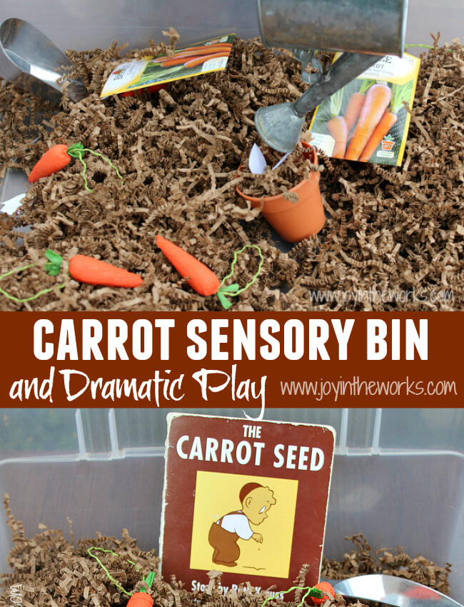 Spring is a great time to read The Carrot Seed and do some gardening dramatic play with this carrot sensory bin.