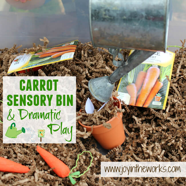 Spring is a great time to read The Carrot Seed and do some gardening dramatic play with this carrot sensory bin.