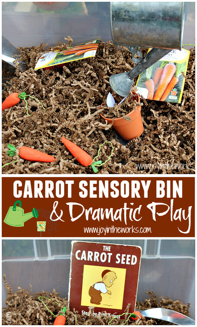 Spring is a great time to read The Carrot Seed and do some gardening dramatic play with this carrot sensory bin.