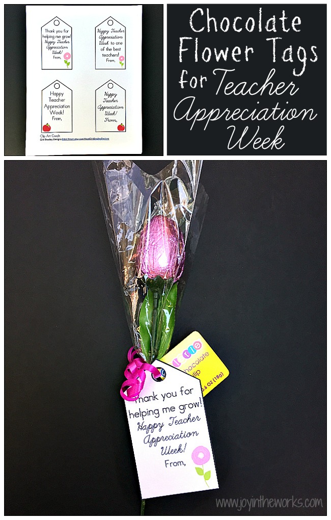 Forget the same old flowers for Teacher Appreciation Week! How about doing chocolate flowers instead! Free printable Teacher Appreciation Gift Tags for chocolate flowers and a few others for any other gift ideas.