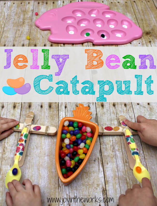 Looking for a fun Spring or Easter activity for an Easter Party or just a fun activity at home? Check out this Jelly Bean Catapult activity where the kids build their own catapults and launch the classic Easter candy! To make it extra fun, add point values and target practice! It's a great #STEM activity that ends with sweets!