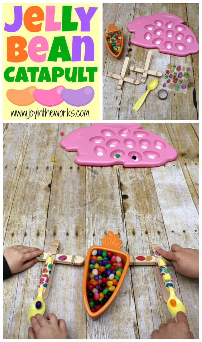 Looking for a fun Spring or Easter activity for an Easter Party or just a fun activity at home? Check out this Jelly Bean Catapult activity where the kids build their own catapults and launch the classic Easter candy! To make it extra fun, add point values and target practice! It's a great #STEM activity that ends with sweets!