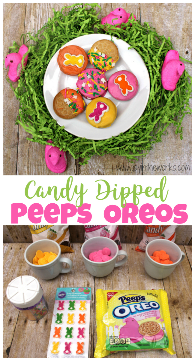 Did you know they make Peeps Oreos now?! I decided to make them even better by dipping them in candy and adding some festive Easter sprinkles! They were so fun to make and they tasted delicious too! A perfect Easter treat!