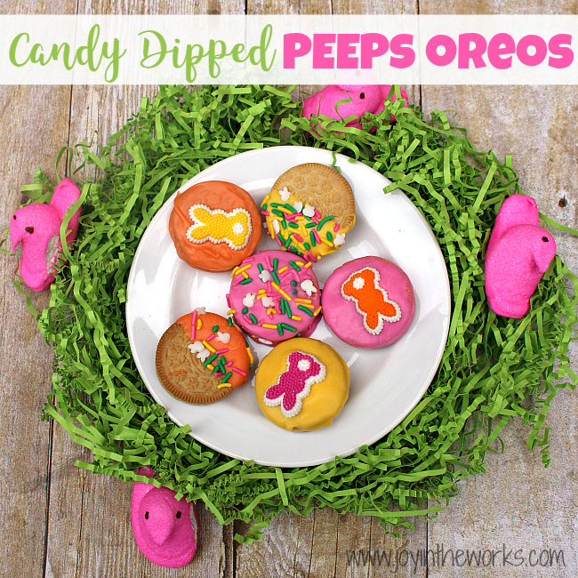 Did you know they make Peeps Oreos now?! I decided to make them even better by dipping them in candy and adding some festive Easter sprinkles! They were so fun to make and they tasted delicious too! A perfect Easter treat!
